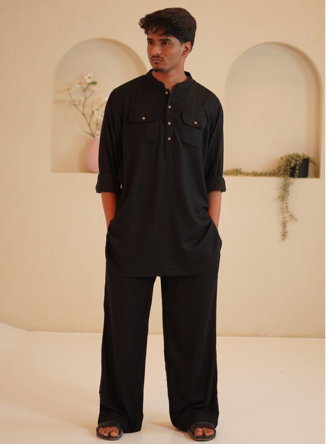 Black Cotton Linen Solid Men’s Kurta Set
