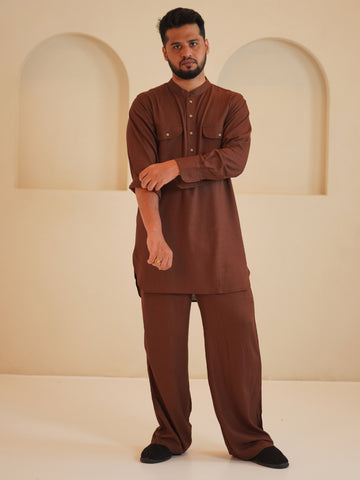Nabia Men's Cotton Linen Signature kurta set-Brown