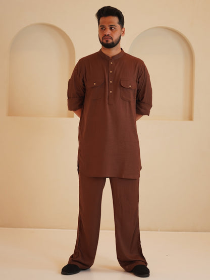 Nabia Men's Cotton Linen Signature kurta sets-Brown