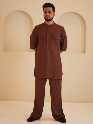 Nabia Men's Cotton Linen Signature kurta set-Brown