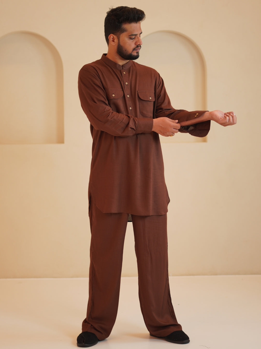 Nabia Men's Cotton Linen Signature kurta set-Brown