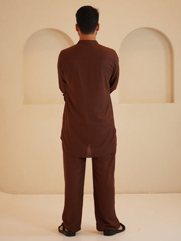 Nabia Men's Cotton Linen Signature kurta set-Brown
