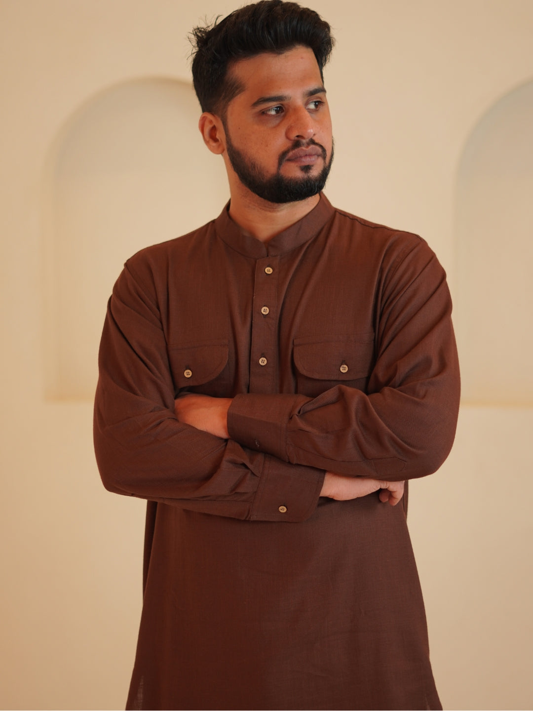 Nabia Men's Cotton Linen Signature kurta set-Brown