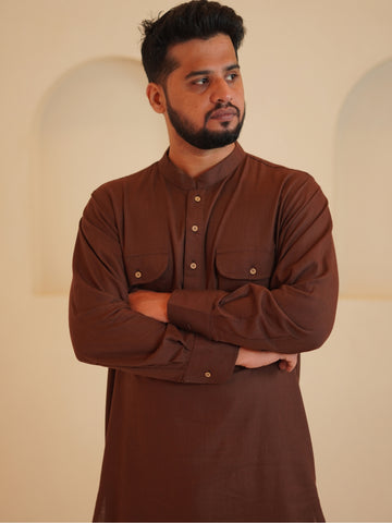 Nabia Men's Cotton Linen Signature kurta set-Brown