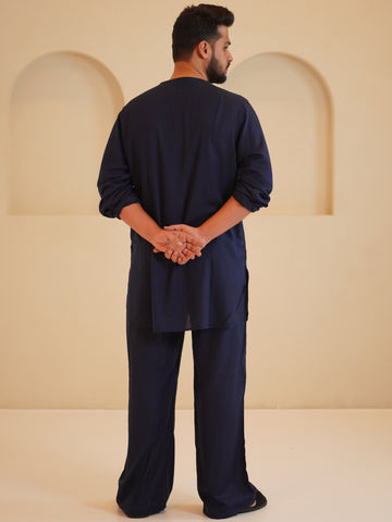 Men's Cotton Linen Essential Kurta Set-Navy Blue