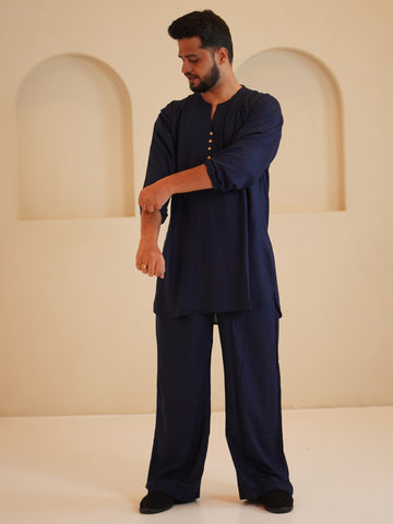 Men's Cotton Linen Essential Kurta Set-Navy Blue