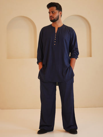 Men's Cotton Linen Essential Kurta Set-Navy Blue