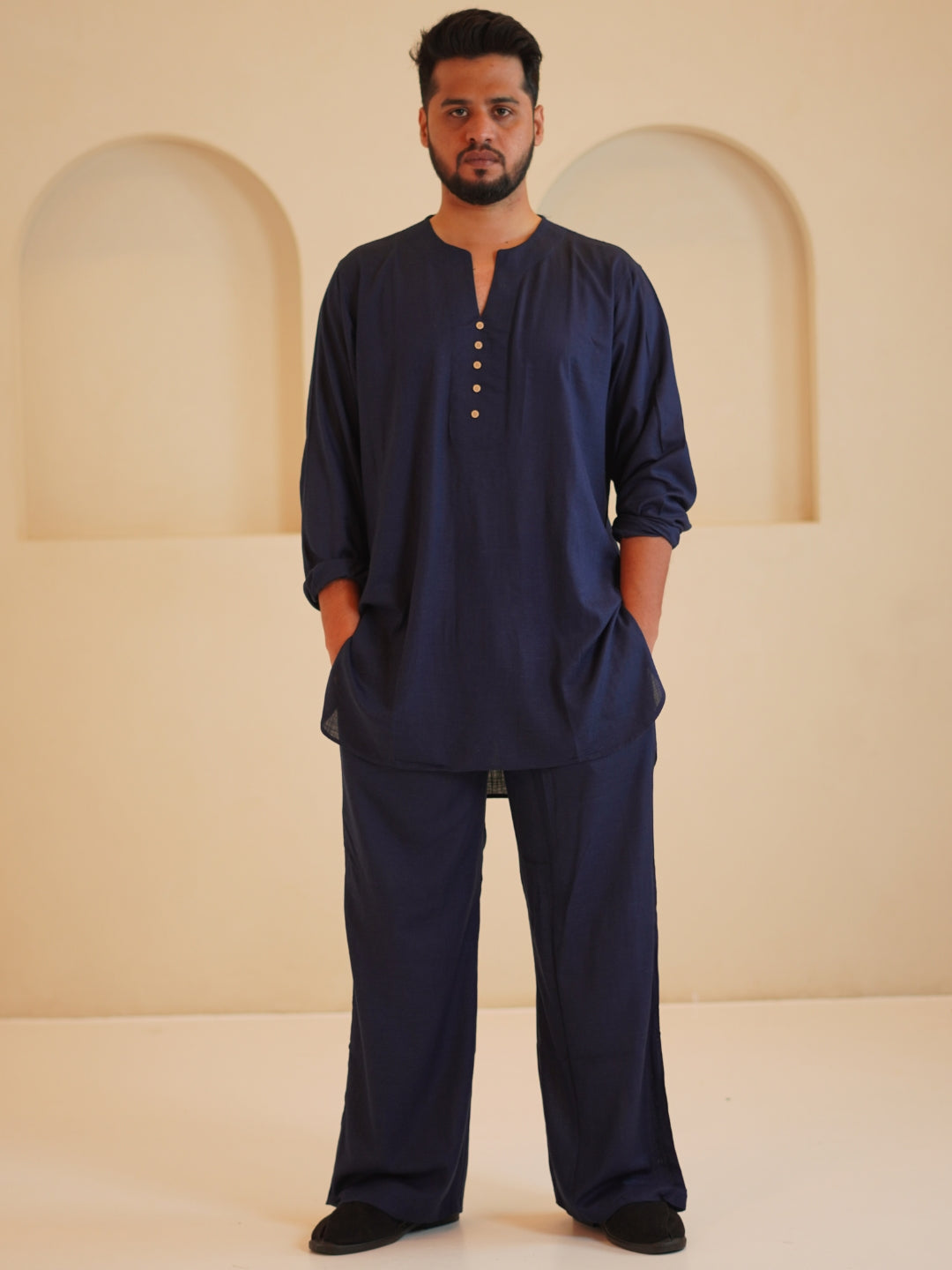 Men's Cotton Linen Essential Kurta Sets-Navy Blue