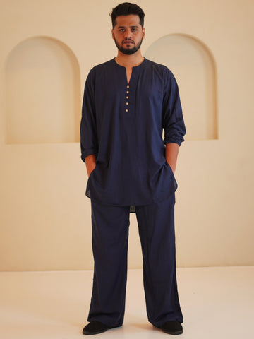 Men's Cotton Linen Essential Kurta Set-Navy Blue