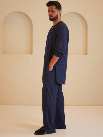 Men's Cotton Linen Essential Kurta Set-Navy Blue