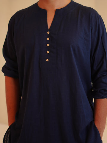 Men's Cotton Linen Essential Kurta Set-Navy Blue