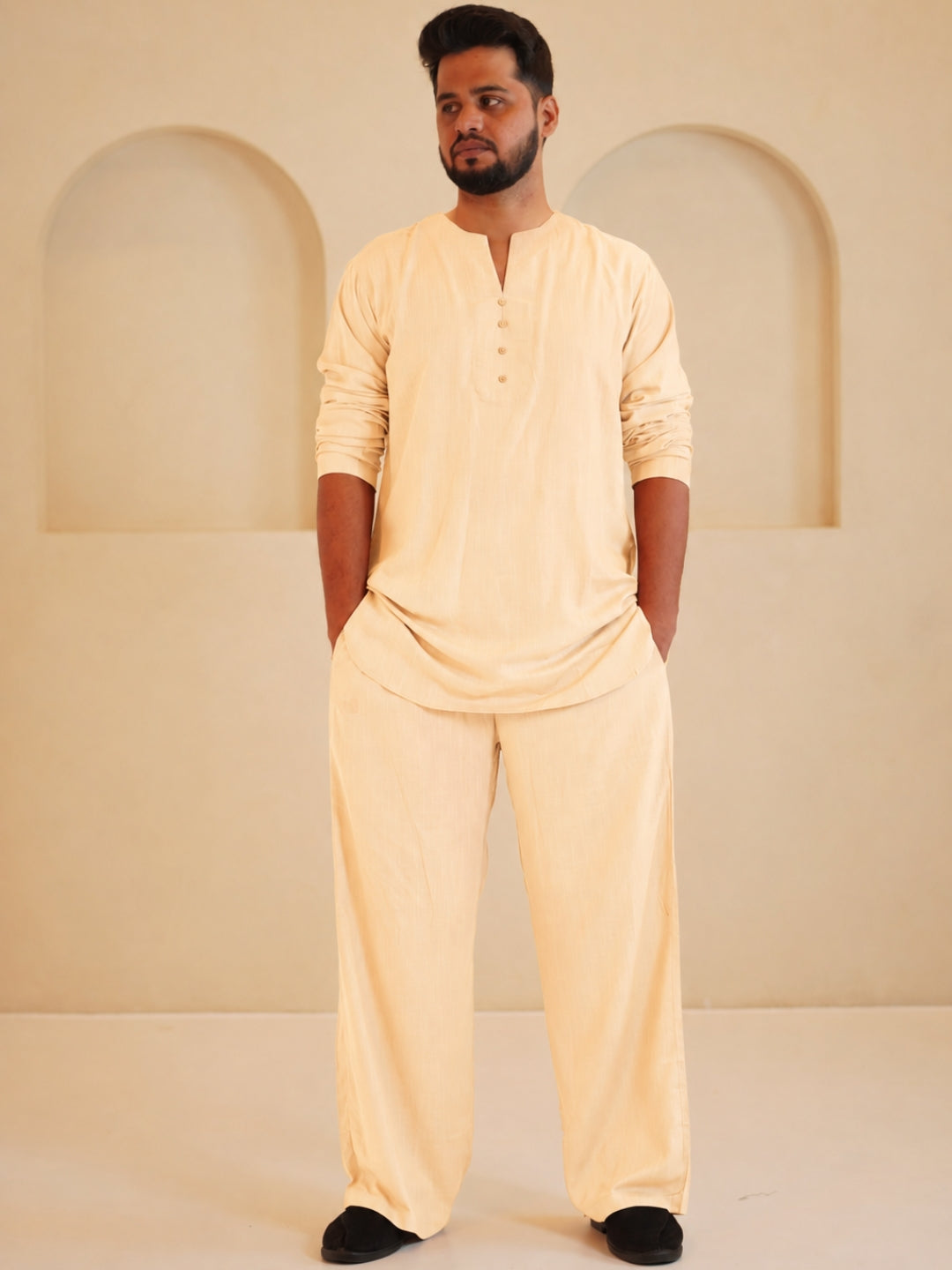 Men's Cotton Linen Essential Kurta Sets-Cream Beige