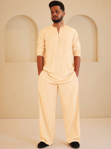 Men's Cotton Linen Essential Kurta Sets-Cream Beige