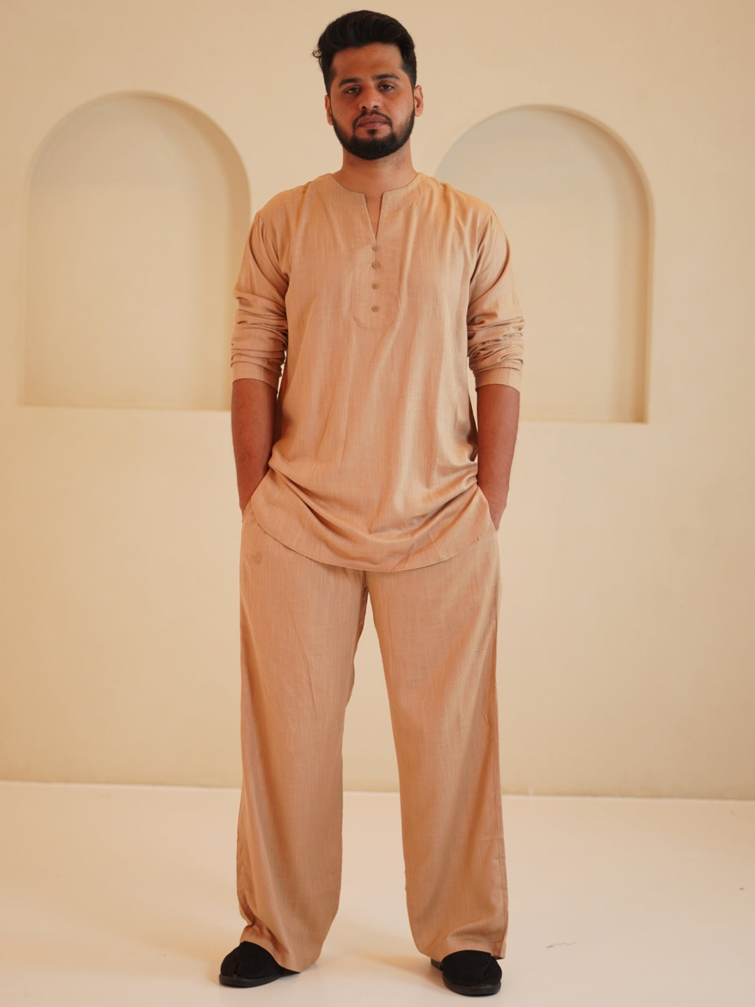 Men's Cotton Linen Essential Kurta Set-Beige