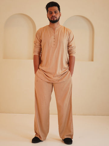 Men's Cotton Linen Essential Kurta Set-Beige