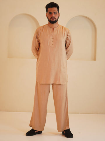 Men's Cotton Linen Essential Kurta Set-Beige