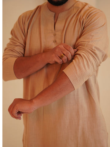 Men's Cotton Linen Essential Kurta Set-Beige