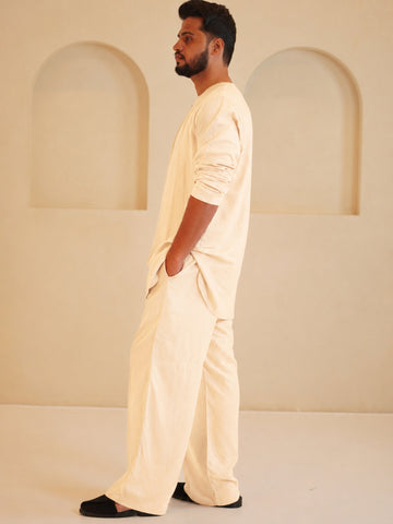 Men's Cotton Linen Essential Kurta Sets-Cream Beige