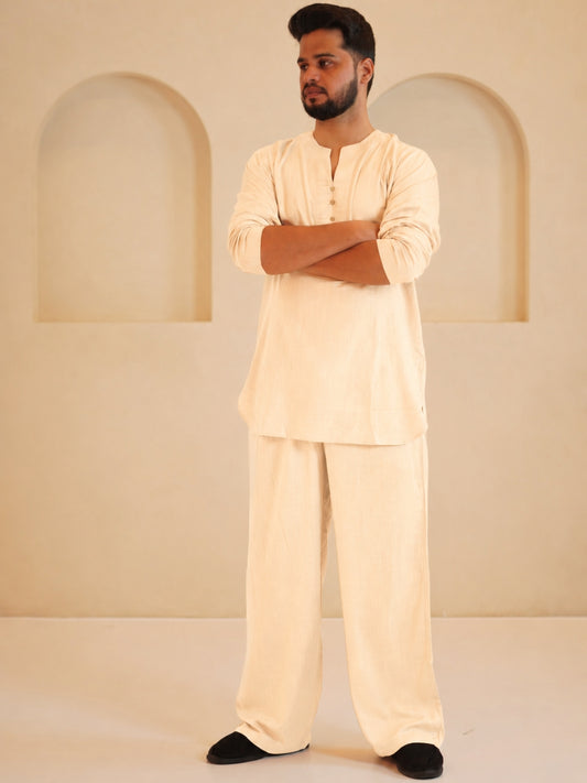 Men's Cotton Linen Essential Kurta Sets-Cream Beige