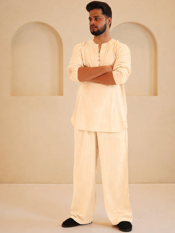 Men's Cotton Linen Essential Kurta Sets-Cream Beige