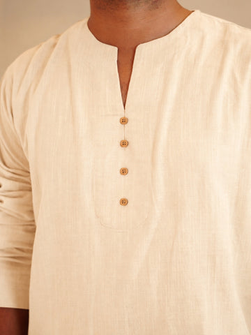 Men's Cotton Linen Essential Kurta Sets-Cream Beige