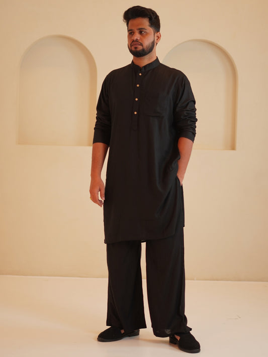 Men’s Cotton Linen Relax fit Kurta Sets-Black
