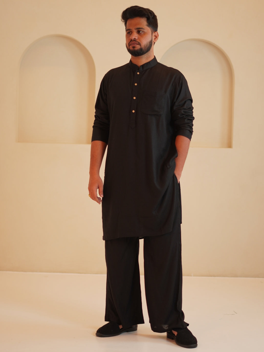 Men’s Cotton Linen Relax fit Kurta Set-Black