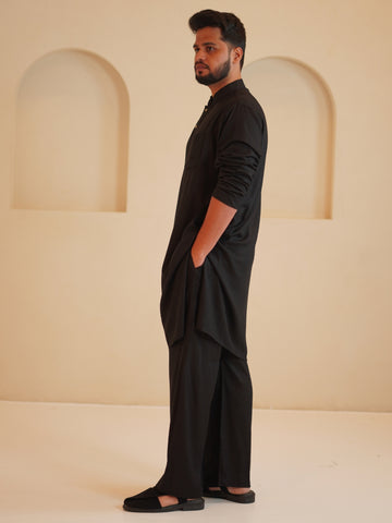 Men’s Cotton Linen Relax fit Kurta Set-Black