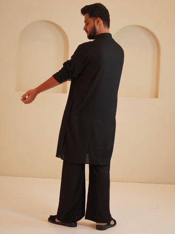 Men’s Cotton Linen Relax fit Kurta Set-Black