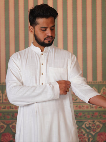 Men’s Cotton Linen Relaxed fit Kurta Set-White