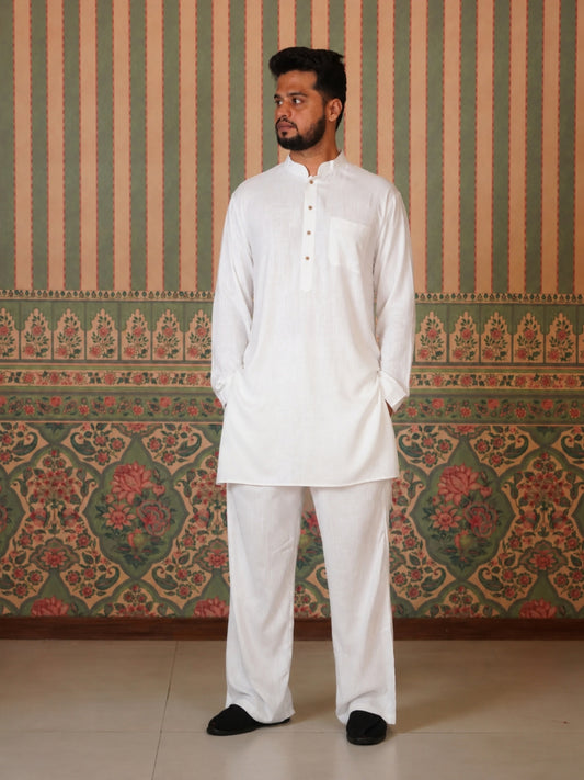 Men’s Cotton Linen Relaxed fit Kurta Sets-White