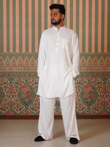 Men’s Cotton Linen Relaxed fit Kurta Set-White