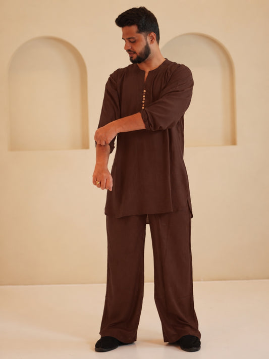 Men's Cotton Linen Essential Brown Kurta Sets