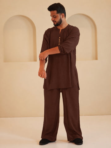Men's Cotton Linen Essential Brown Kurta Sets