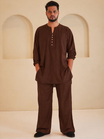 Men's Cotton Linen Essential Brown Kurta Sets