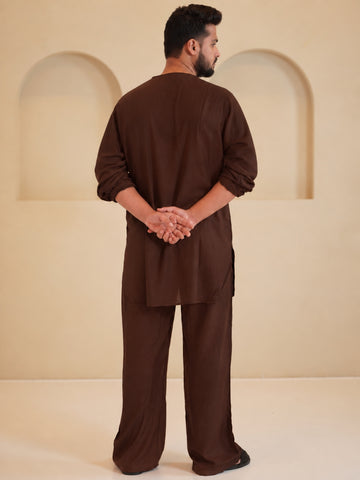 Men's Cotton Linen Essential Brown Kurta Sets