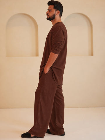 Men's Cotton Linen Essential Brown Kurta Sets