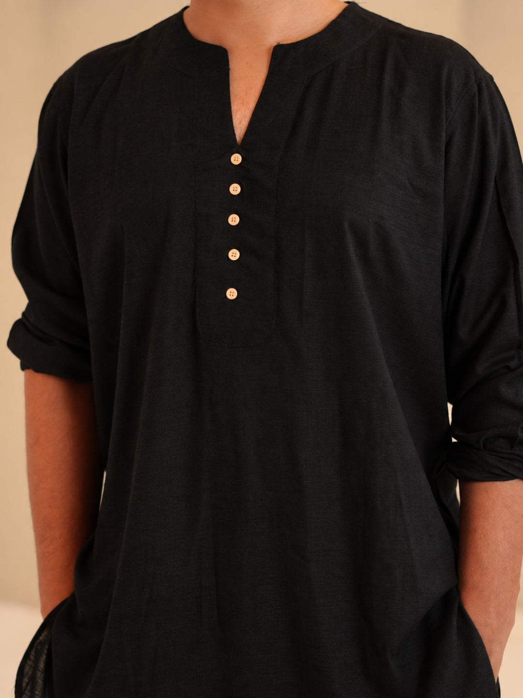 Men's Cotton Linen Essential Black Kurta Sets