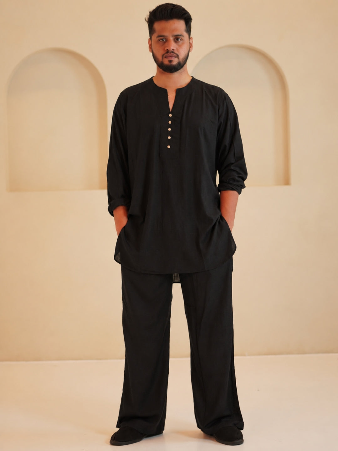 Men's Cotton Linen Essential Black Kurta Sets