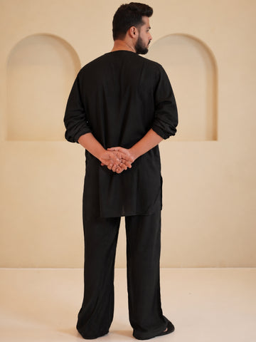 Men's Cotton Linen Essential Black Kurta Sets