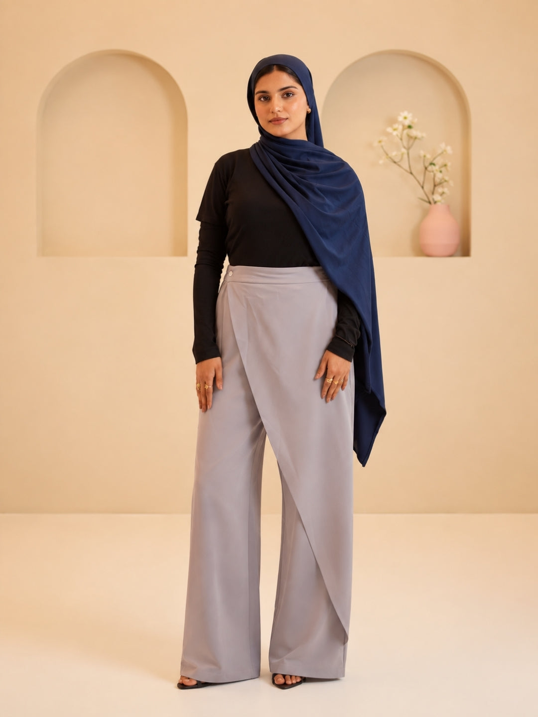 Women’s Modest Overlap Solid Light Grey Trousers