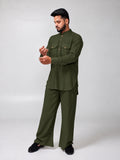 Olive Green Solid Farsi Kurta Pants Set for Men