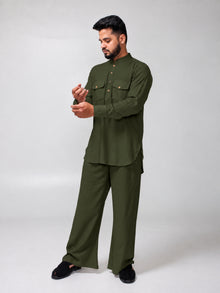 Olive Green Solid Farsi Kurta Pants Set for Men
