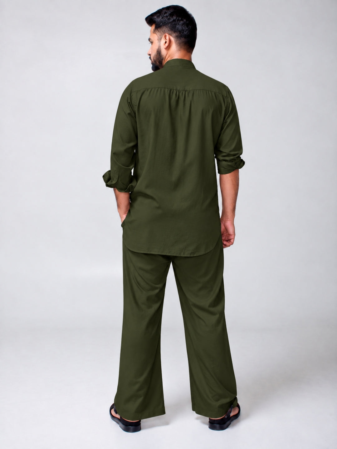 Olive Green Solid Farsi Kurta Pants Set for Men