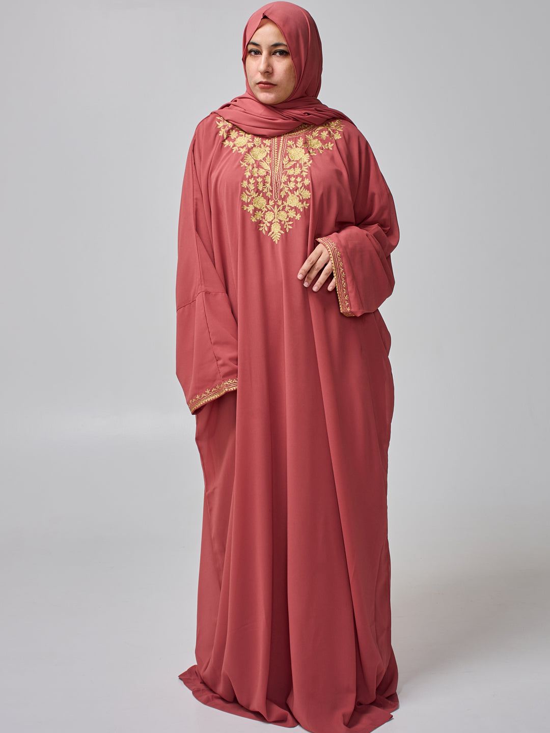 Women’s Embroidered Rust Kaftan Abaya with Inner & Hijab