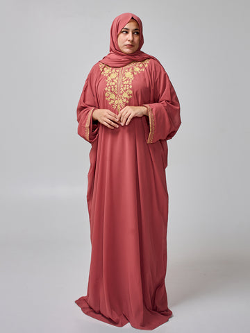 Women’s Embroidered Rust Kaftan Abaya with Inner & Hijab
