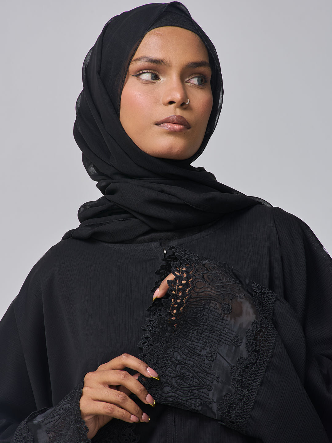Modest Lace Abaya Burqa with Black Georgette Hijab