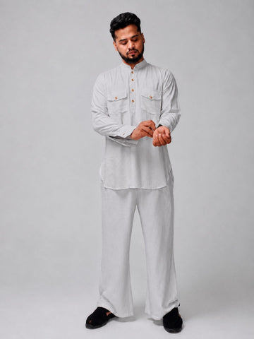 Nabia Men’s Light Grey Solid Farsi Kurta Pants Set