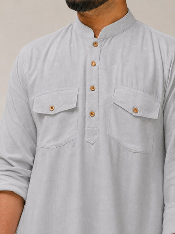 Nabia Men’s Light Grey Solid Farsi Kurta Pants Set