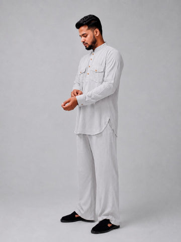 Nabia Men’s Light Grey Solid Farsi Kurta Pants Set